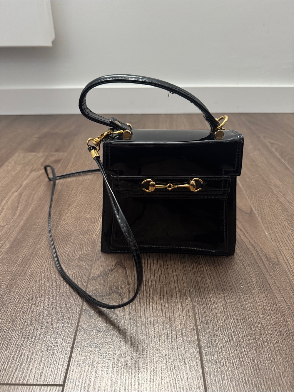 Black Patent Mini Top-Handle Bag with Gold Horsebit Detail
